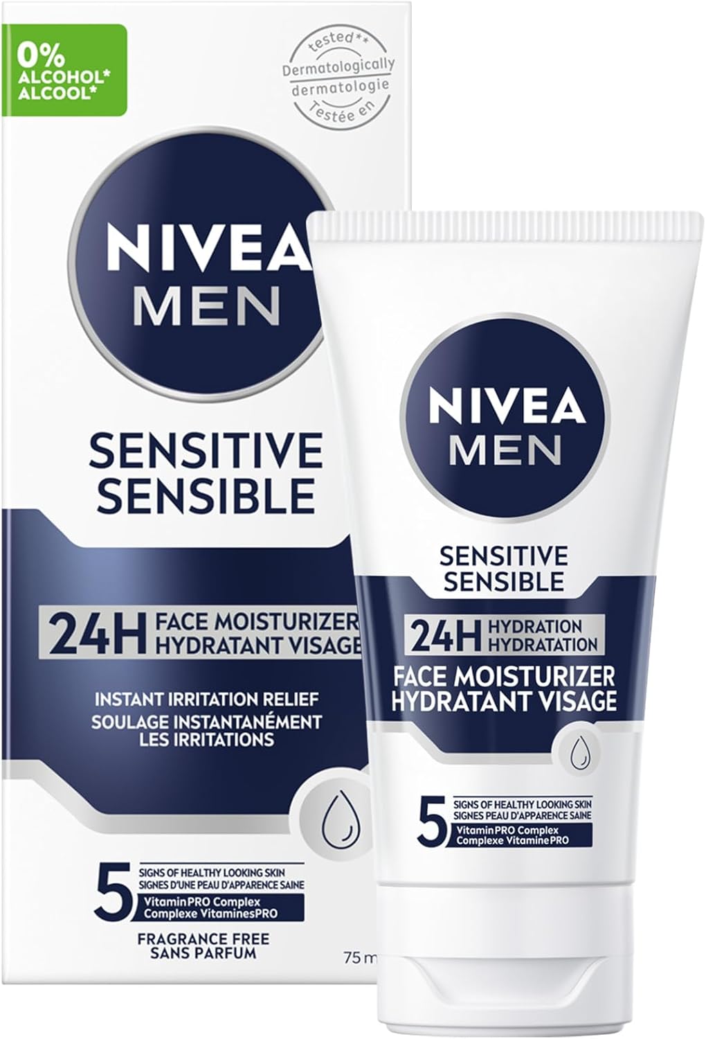 NIVEA MEN Sensitive Face Moisturizer, Men's Face Cream with Chamomile and Vitamin E, No Drying Alcohol, Dermatologically-Tested Skin Care, 75mL