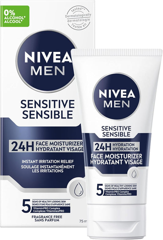 NIVEA MEN Sensitive Face Moisturizer, Men's Face Cream with Chamomile and Vitamin E, No Drying Alcohol, Dermatologically-Tested Skin Care, 75mL