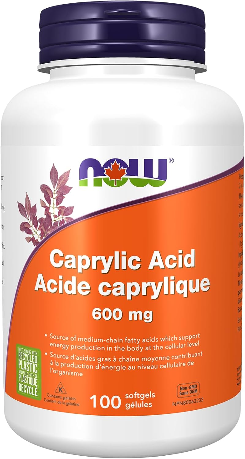 NOW Supplements, Caprylic Acid 600 mg, MCT (Medium-Chain Triglycerides), 100 Softgels