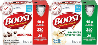 BOOST Original Meal Replacement Drink, Choc Latte, 6x237ml, Case Pack of 4, Packaging May Vary & 15g High Protein Meal Replacement Drink, Vanilla, 6x237ml, Case Pack of 4, Packaging May Vary