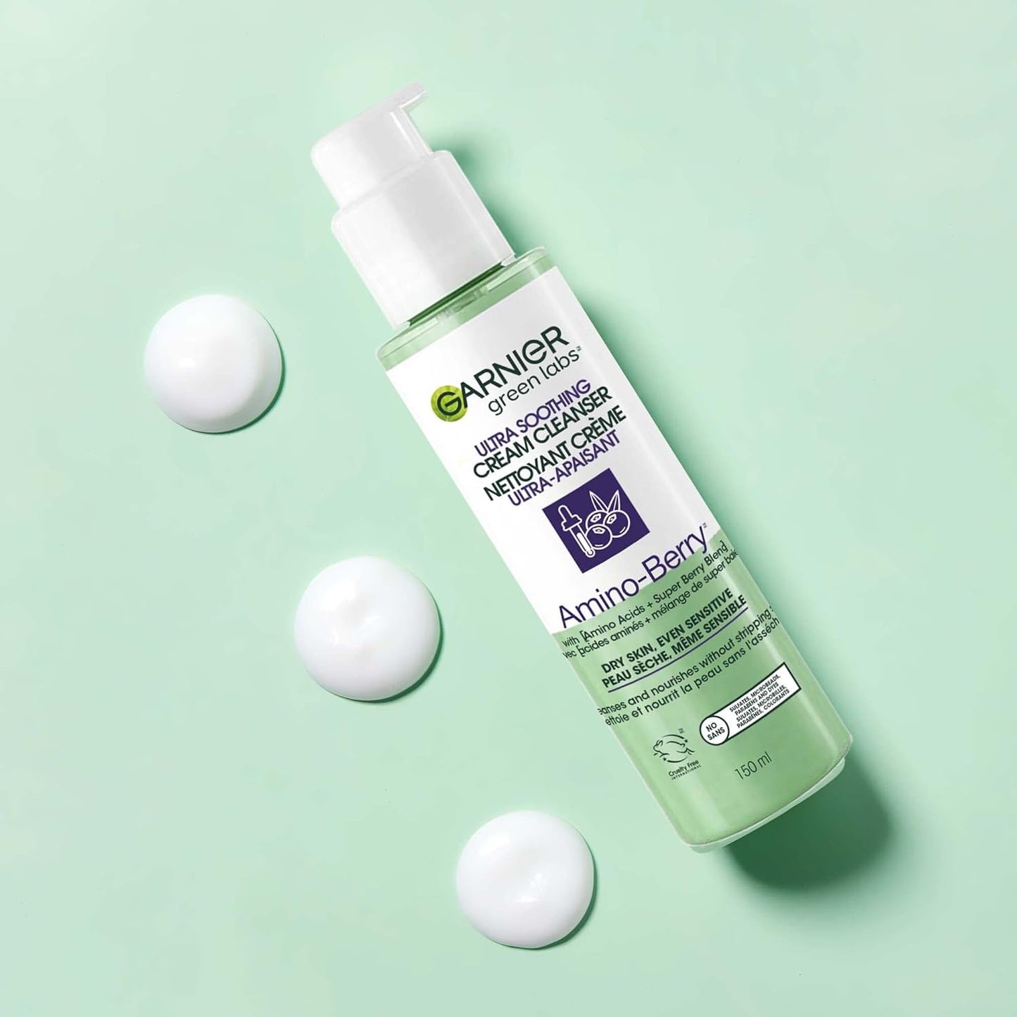 Garnier Green Labs Amino-Berry Soft Gentle Facial Cream Cleanser Hydrates and Soothes Skin, 150 mL