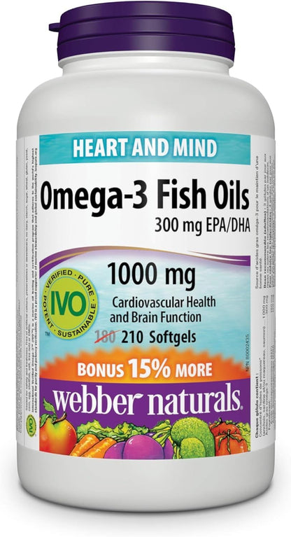Webber Naturals Omega-3 300 毫克迷你装，220 粒透明肠溶无鱼腥味迷你软胶囊和 Omega-3 鱼油 1,000 毫克，210 粒软胶囊，支持心血管健康和脑功能