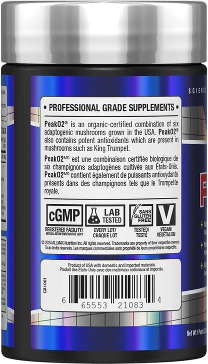 ALLMAX Essentials PEAKO2 – 有机适应原蘑菇混合物，支持耐力、力量和免疫健康，无麸质，素食 – 100 克（100 份）