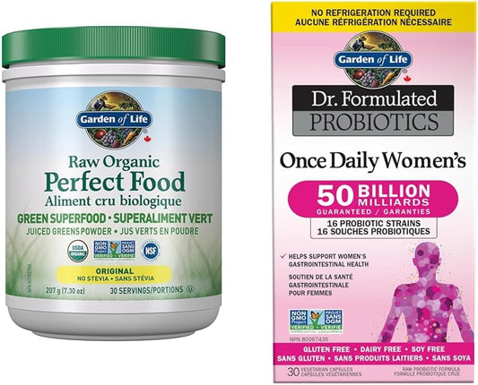 Garden of Life Raw Organic Perfect Food Green Superfood Original 207 gram."Raw Organic Perfect Food & Dr. Formulated Probiotics Once Daily Women's | Supports Women's Gut Health