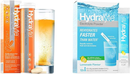 Hydralyte 泡騰電解質片 - 橙味 20 片 + HydraLyte 電解質粉，檸檬水口味（12 份）
