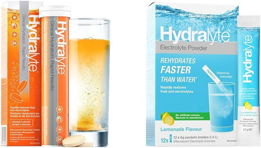 Hydralyte 泡騰電解質片 - 橙味 20 片 + HydraLyte 電解質粉，檸檬水口味（12 份）