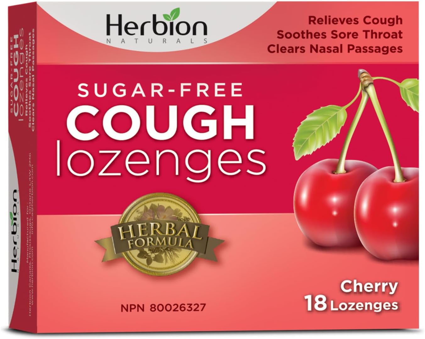 Herbion Naturals 无糖止咳润喉糖，天然樱桃味，18 粒润喉糖 - 缓解咳嗽和鼻塞；舒缓咽喉痛；适用于成人和 12 岁及以上儿童