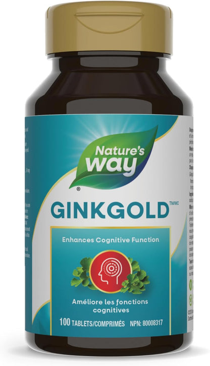 Nature's Way 銀杏金 - 成人認知功能和記憶力支持補充劑 - 外周循環 - 採用銀杏葉製成 - 標準化提取物 - 100 片素食片