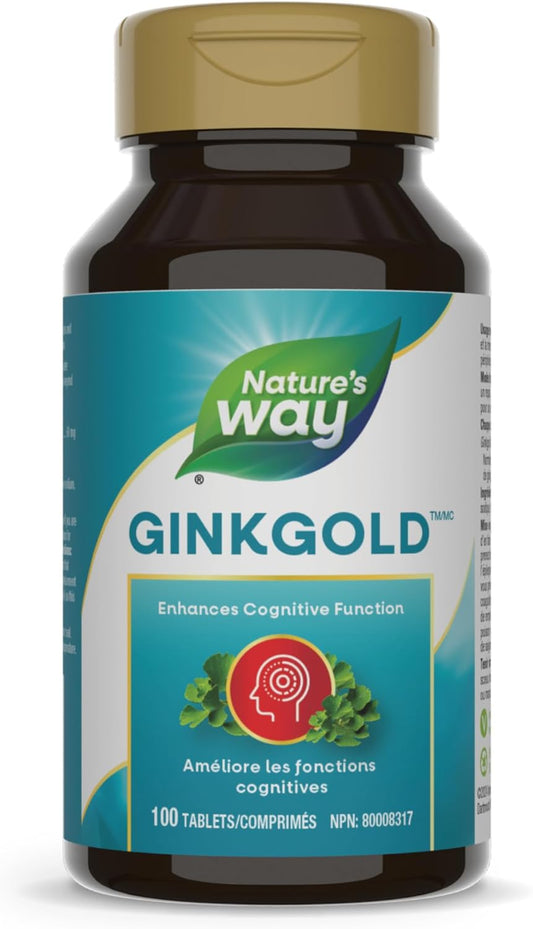 Nature's Way 銀杏金 - 成人認知功能和記憶力支持補充劑 - 外周循環 - 採用銀杏葉製成 - 標準化提取物 - 100 片素食片