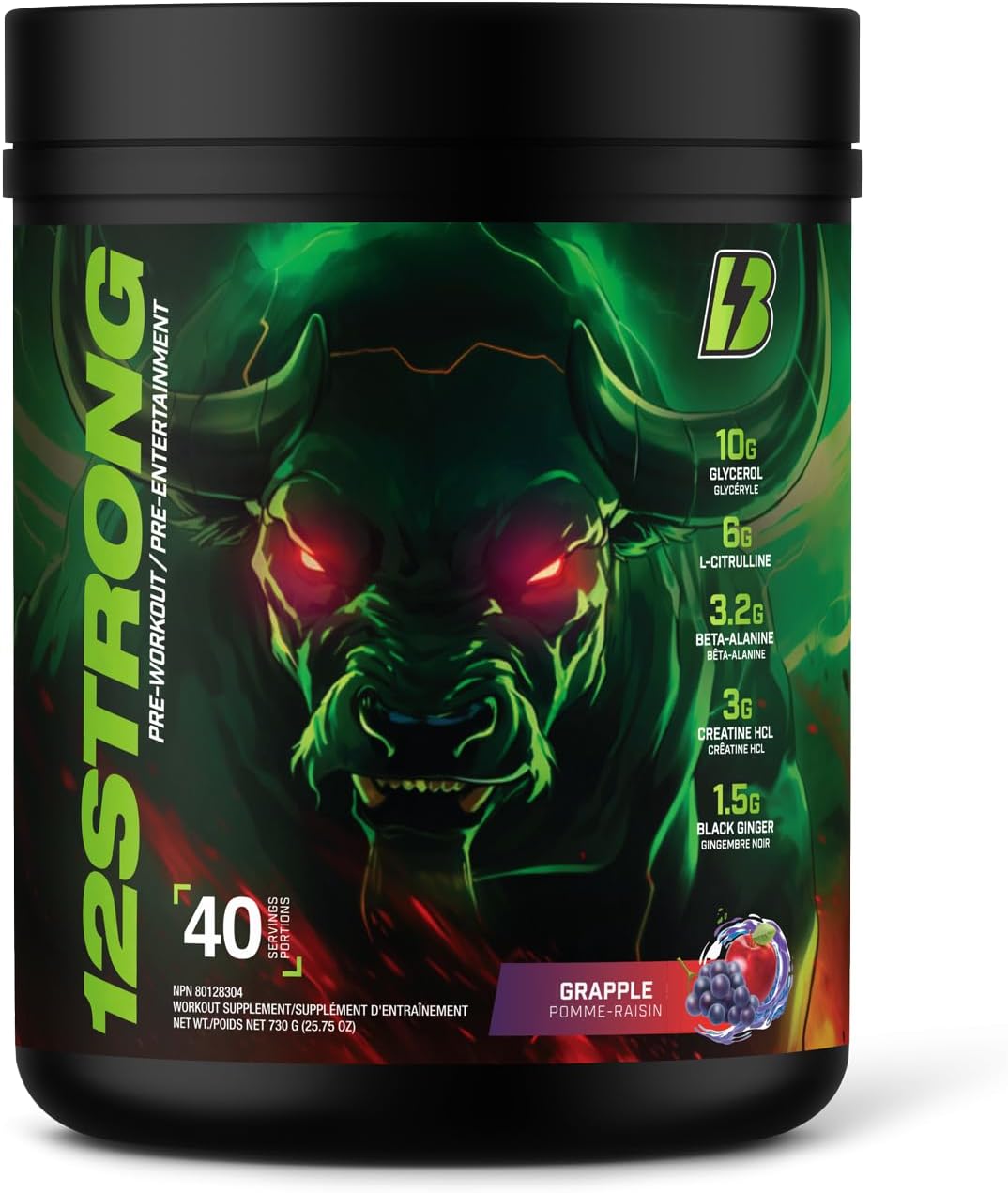 BULL Nutrition 12 STRONG - 含甘油、L-瓜氨酸、β-丙氨酸和肌酸补充剂的运动前粉末，可促进肌肉生长并提高耐力、力量、专注力和能量输出 - 加拿大制造 - 40 份……