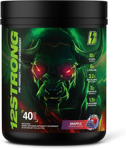 BULL Nutrition 12 STRONG - 含甘油、L-瓜氨酸、β-丙氨酸和肌酸补充剂的运动前粉末，可促进肌肉生长并提高耐力、力量、专注力和能量输出 - 加拿大制造 - 40 份……