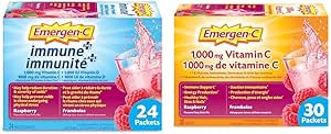 Emergen-C Immune+ 1000mg 維生素 C 粉劑補充劑、飲料混合物、免疫系統增強劑、覆盆子、24 包和覆盆子（30 粒）、1000mg 維生素 C/電解質/B 群維生素礦物質補充劑
