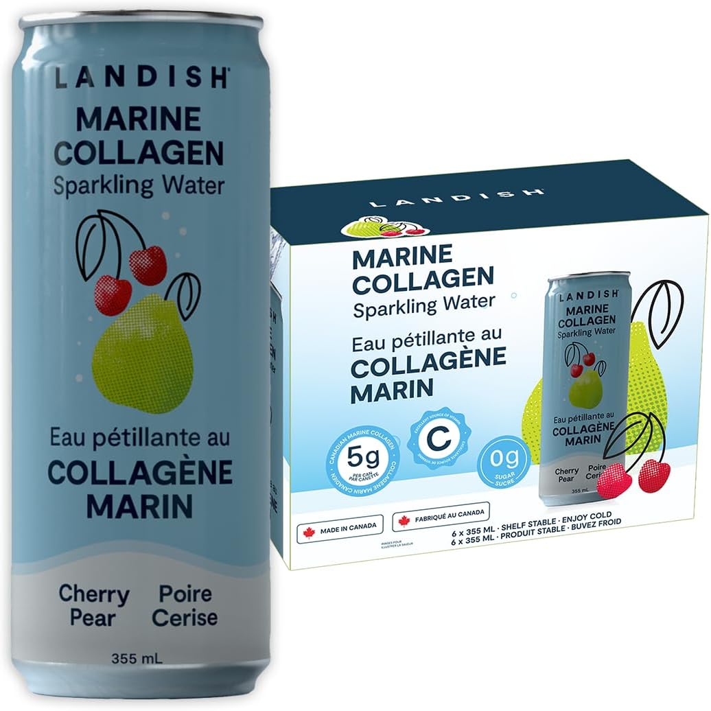 Landish Marine Collagen Sparkling Water Drink - Cherry Pear Flavour - 5 g Wild Canadian Marine Collagen - 0 g Sugar - 355 ml (6-Pack)