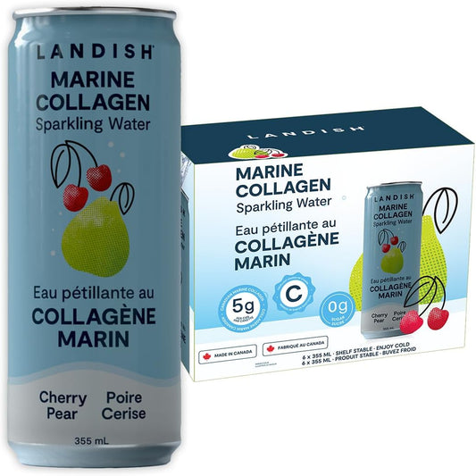 Landish Marine Collagen Sparkling Water Drink - Cherry Pear Flavour - 5 g Wild Canadian Marine Collagen - 0 g Sugar - 355 ml (6-Pack)