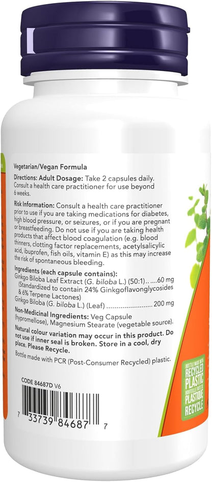 NOW Supplements 银杏提取物 60 毫克植物胶囊，120 粒