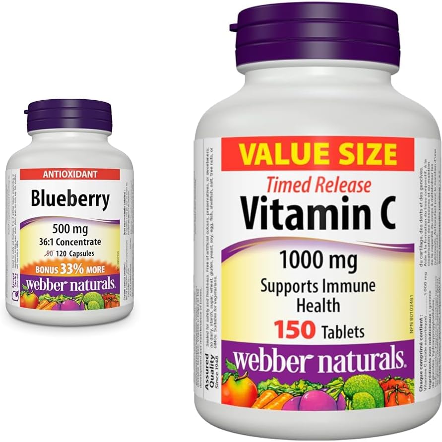 Webber Naturals Blueberry, 120 Capsules, Antioxidant Spport & Vitamin C Timed Release 1000 mg, 150 Tablets, For Bones, Teeth, Immune and Antioxidant Health