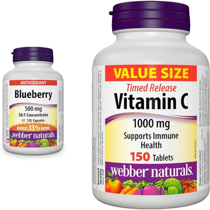Webber Naturals Blueberry, 120 Capsules, Antioxidant Spport & Vitamin C Timed Release 1000 mg, 150 Tablets, For Bones, Teeth, Immune and Antioxidant Health