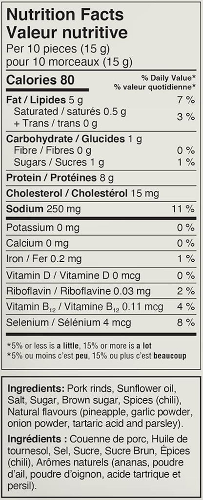 南方食譜小批量豬皮 | 菠蘿安喬辣椒炸豬皮 | 生酮友好、無麩質、低碳水化合物食品 | 每份含 7 克膠原蛋白 | 高蛋白 | 85 克/袋，菠蘿安喬辣椒