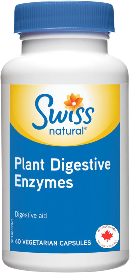 瑞士天然 – 植物消化酶 | 助消化 | 不含人工香料或防腐剂 | 不含乳制品和大豆 | 60 粒素食胶囊