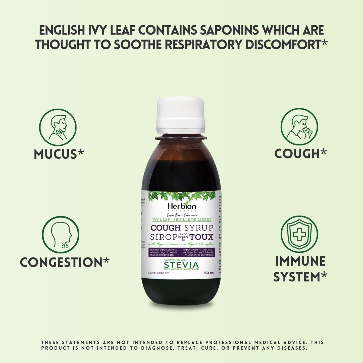 Herbion Naturals 常春藤叶百里香止咳糖浆，150 毫升 - 天然祛痰药；缓解咳嗽；化痰；适用于成人和 4 岁及以上儿童