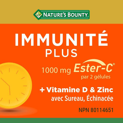 Nature's Bounty Immunity Plus，1000 毫克酯化維生素 C，含鋅、接骨木果和紫錐菊，50 粒軟膠囊，有助於維持免疫系統