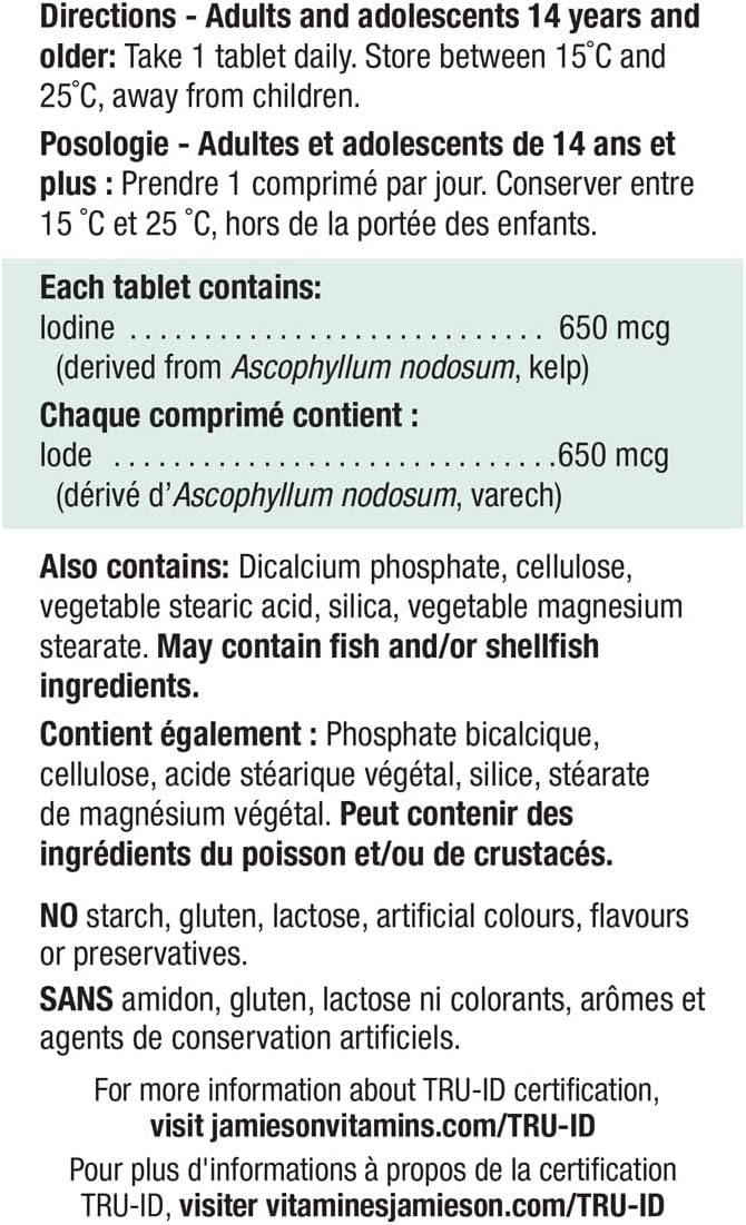 Jamieson 海帶片，650 微克碘的天然來源，有助於甲狀腺功能，並有助於維持健康。非基因改造，無麩質，100 片，加拿大製造