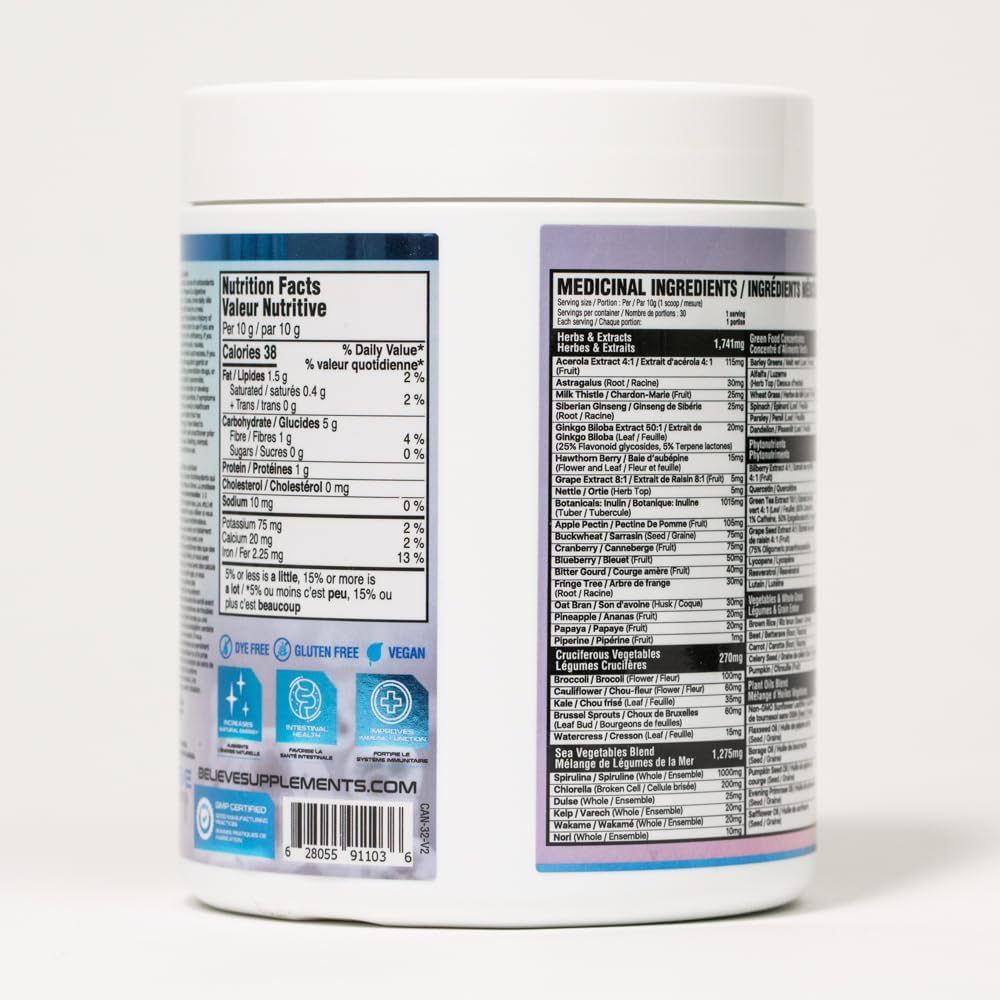 Believe Supplements 超级食品+绿色蔬菜 - 超级食品混合物 | 提升能量、免疫力和消化能力 | 富含抗氧化剂和必需营养素！（30份，菠萝芒果口味）