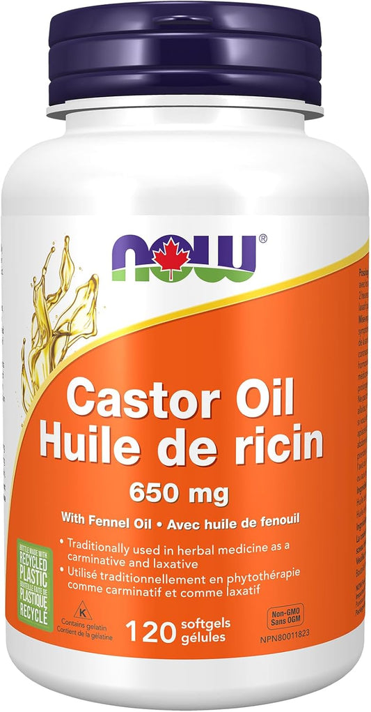 NOW Supplements, 蓖麻油 650 毫克，含茴香油，天然瀉藥*軟膠囊，120 粒