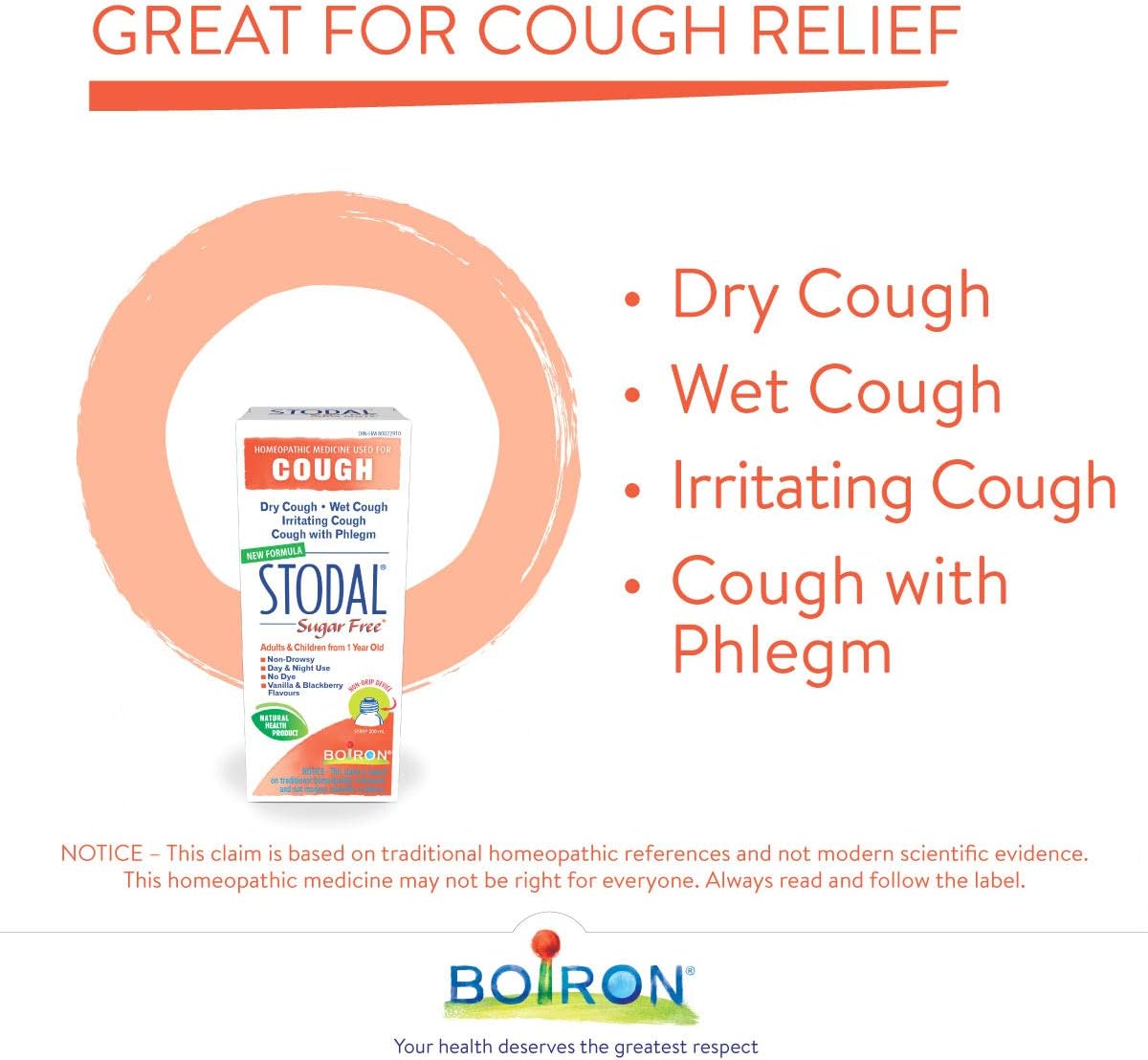 Boiron Stodal 成人无糖顺势疗法药物，200ml，用于干咳和湿咳