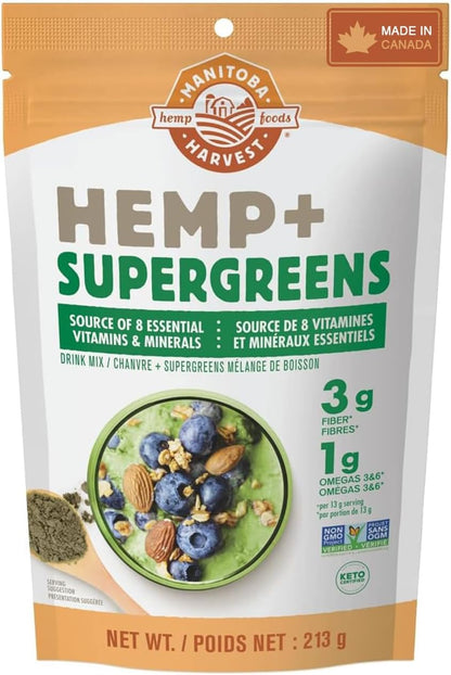 Manitoba Harvest 大麻和超級綠色食品粉，213 克 - 綠色超級食品粉，每份含 1 克 Omega 3 和 6、3 克膳食纖維 - 純素、非基因改造項目認證 - 8 種必需維生素和礦物質