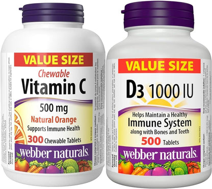 Webber Naturals 维生素 C 咀嚼片，500 毫克，300 片橙味，用于骨骼和牙齿，维生素 D3，1000 IU，500 片，用于健康的骨骼和牙齿，并维持身体健康