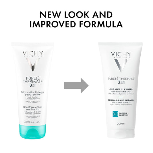 Vichy Gentle Facial Cleanser and Makeup Remover, Purete Thermal 3-in-1 Face Cleanser for Sensitive Skin, Hypoallergenic, Dermatologist Recommended, Paraben-Free, 200mL