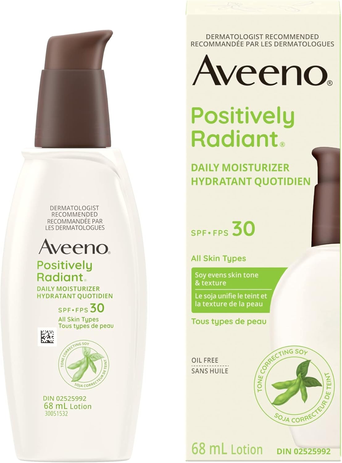 Aveeno Positively Radiant 每日保湿霜 SPF30，68 毫升（包装可能有所不同）和含大豆提取物的净肤爽肤水，不含酒精 - 6.7 液体盎司