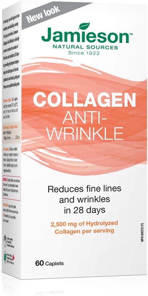 Jamieson Anti-Wrinkle Hydrolyzed Verisol Collagen 2,500 mg, Clinically Studied, Reduce Fine Lines & Wrinkles in 28 Days, and Improves Skin Elasticity. Non-GMO, Gluten-Free, 60 Caplets, Proudly Canadian