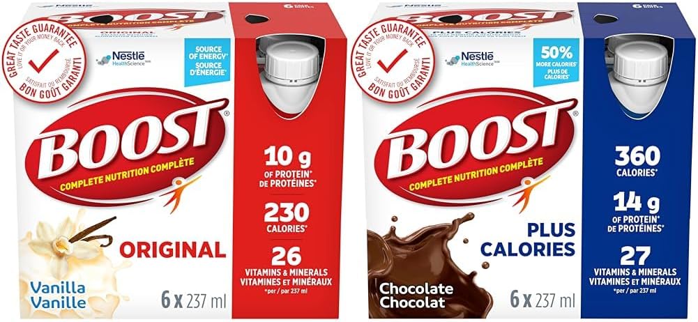 BOOST Original Meal Replacement Drink, Vanilla, 6x237ml, Case Pack of 4, Packaging May Vary & PLUS Complete Nutrition Drink, Chocolate, 6x237ml Bottles, Case Pack of 4, Packaging May Vary