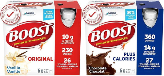 BOOST Original Meal Replacement Drink, Vanilla, 6x237ml, Case Pack of 4, Packaging May Vary & PLUS Complete Nutrition Drink, Chocolate, 6x237ml Bottles, Case Pack of 4, Packaging May Vary