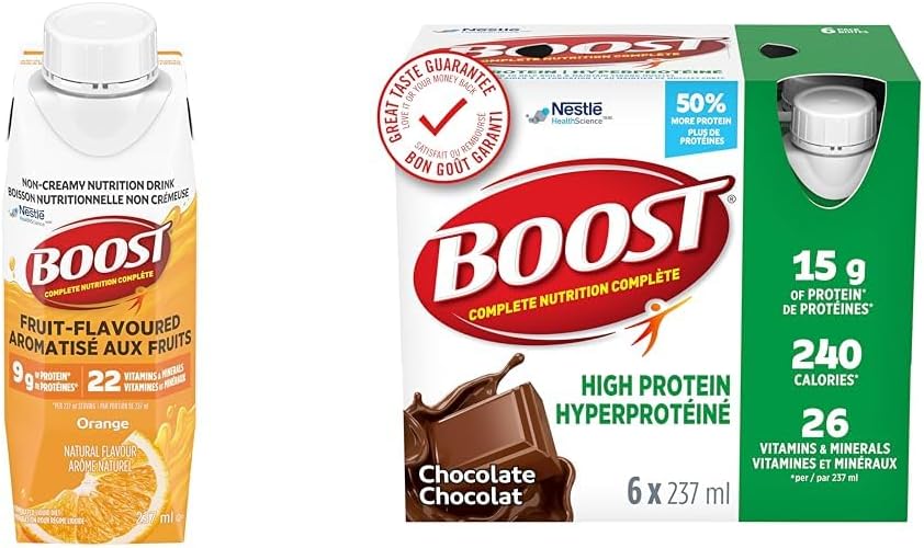 Boost 水果味饮料橙味（237 毫升，24 支）和 BOOST 15 克蛋白质代餐饮料巧克力味（237 毫升，24 支）