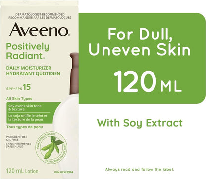 Aveeno Positively Radiant Daily Moisturizer SPF 15，干性皮肤乳液，面霜，低过敏性，大豆配方，120 毫升，1 包