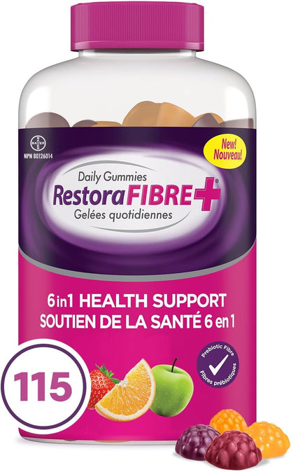 RestoraLAX RestoraFIBRE+ 6 in 1 Daily Prebiotic Fibre Supplement Gummies for Adults, Supports Health Benefits, including Regularity, Gentle Constipation Relief & Healthy Immune Function with Naturally Sourced Inulin (115 ea)
