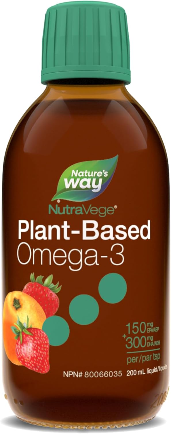 Nature's Way NutraVege 植物性 Omega-3 – 素食液體 Omega-3 補充劑，含 150 毫克 EPA + 300 毫克 DHA - 草莓橙味 – 支持成人心臟、眼睛和大腦功能，200 毫升