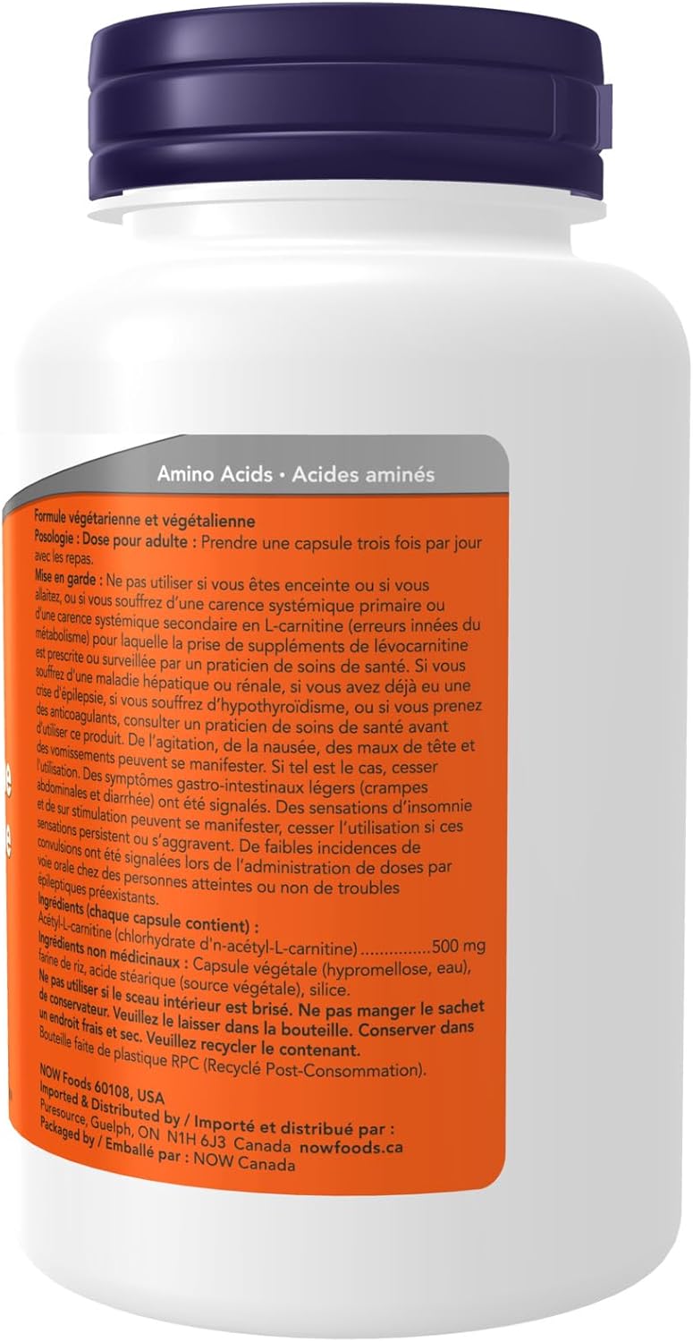 NOW Supplements, 乙醯左旋肉鹼 500 毫克，胺基酸，腦部和神經細胞功能，100 粒素食膠囊