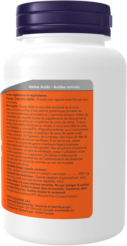NOW Supplements, 乙醯左旋肉鹼 500 毫克，胺基酸，腦部和神經細胞功能，100 粒素食膠囊
