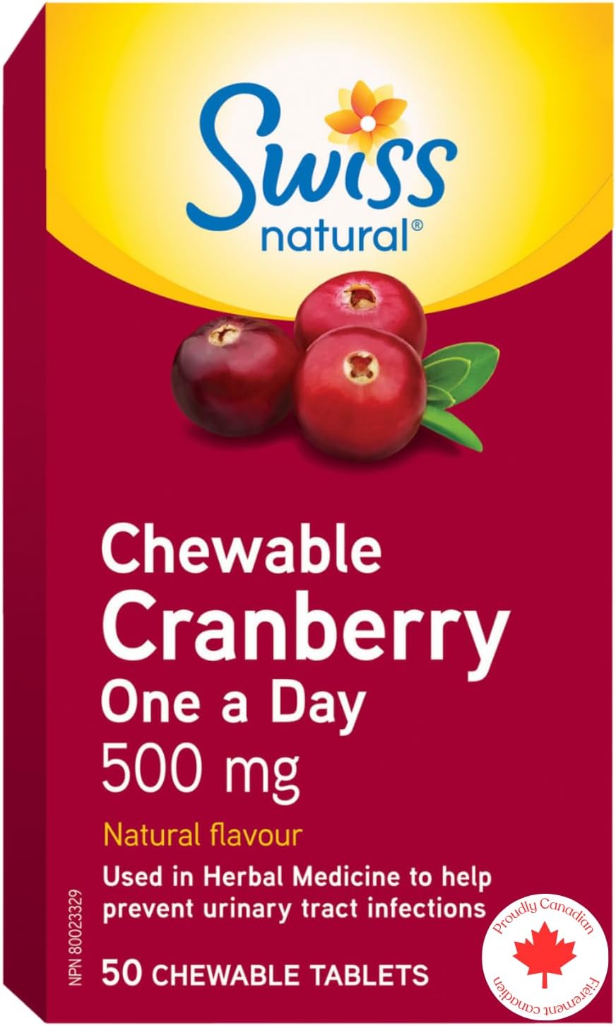 Swiss Natural – 蔓越莓咀嚼錠 500 毫克 | 預防泌尿道感染 | 非基因改造，無麩質 | 不含人工香料或防腐劑 | 50 片