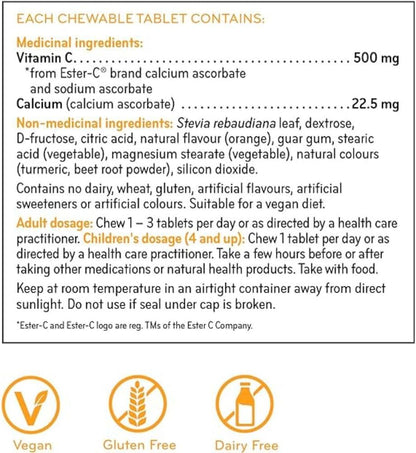 Sisu Ester-C 500毫克咀嚼片，橙味，天然甜味維生素C，24小時免疫支持，酸性較低，比其他形式的維生素C更易吸收和保留，無麩質，純素