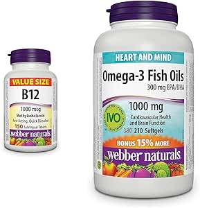 Webber Naturals 維生素 B12 1000 微克，速溶，150 片，支持能量產生；Omega-3 魚油 1000 毫克，210 粒軟膠囊，支持心血管健康和腦功能