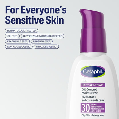 Cetaphil PRO DermaControl Oil Control Moisturizer SPF 30 With Zinc Complex, For Oily and Sensitive Skin - Broad Spectrum Protection With Matte Finish - Dermatologist Recommended, 120ml