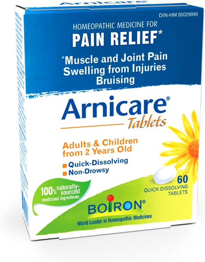 Boiron Arnicare 片剂，60 片，顺势疗法药物，用于缓解肌肉和关节疼痛、受伤肿胀、瘀伤和擦伤，来自天然来源的植物，包括山金车