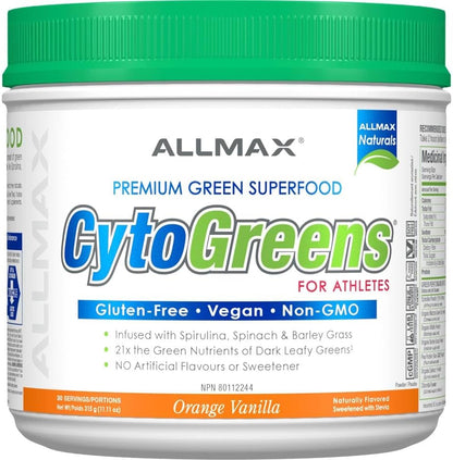 ALLMAX Naturals CytoGreens 超级绿叶粉，橙香草味 - 315克 - 支持运动表现、恢复和能量 - 含螺旋藻、小球藻、菠菜、大麦草和抹茶绿茶 - 30份