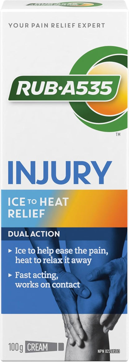 Rub-A535 Injury Ice to Heat Pain Relief Cream - Made in Canada, Fast Acting Injury Pain Relief, Stainless and Greaseless, Works on Contact - 100g