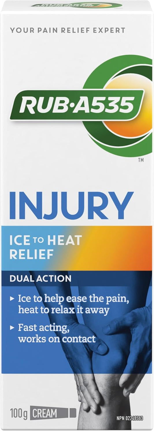 Rub-A535 Injury Ice to Heat Pain Relief Cream - Made in Canada, Fast Acting Injury Pain Relief, Stainless and Greaseless, Works on Contact - 100g